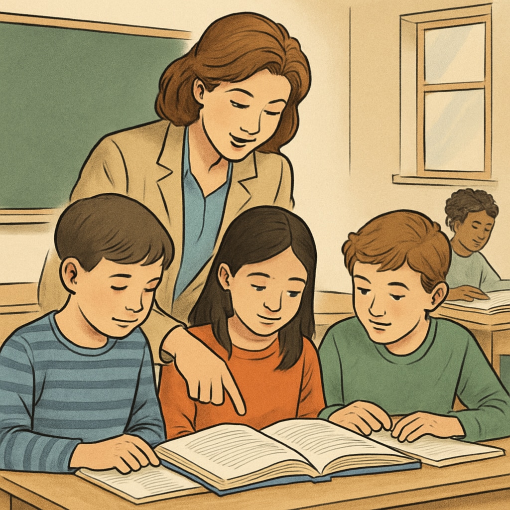 A teacher reviewing reading materials with students in a classroom setting. Teacher discussing K12 reading materials with students to assess text complexity.