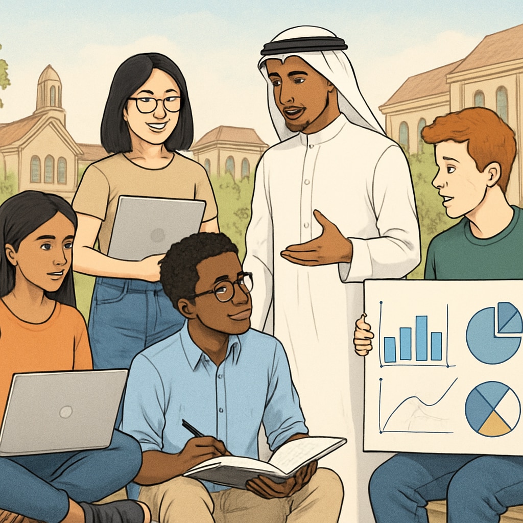 A group of international students discussing data science concepts on a university campus, symbolizing collaboration and academic diversity. International students discussing data science concepts at a university.