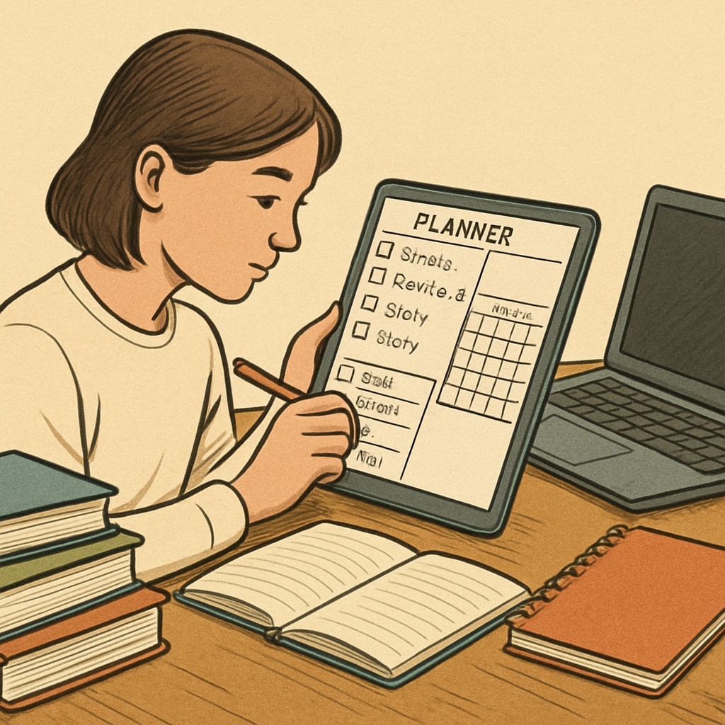 A student managing academic tasks using a digital planner and calendar. Student utilizing time management tools for dual-degree programs.
