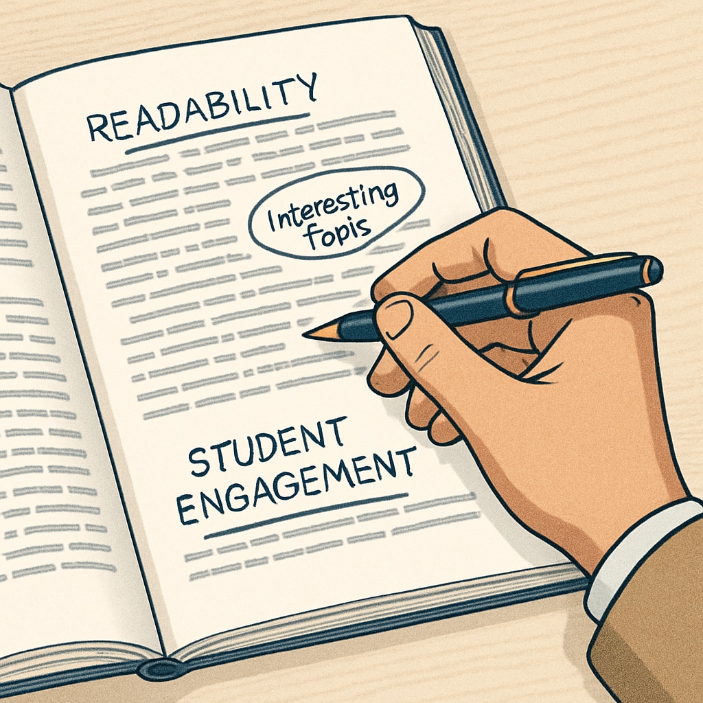 A close-up of a teacher annotating a text with notes about readability and student engagement. Teacher evaluating text features for a reading comprehension study.