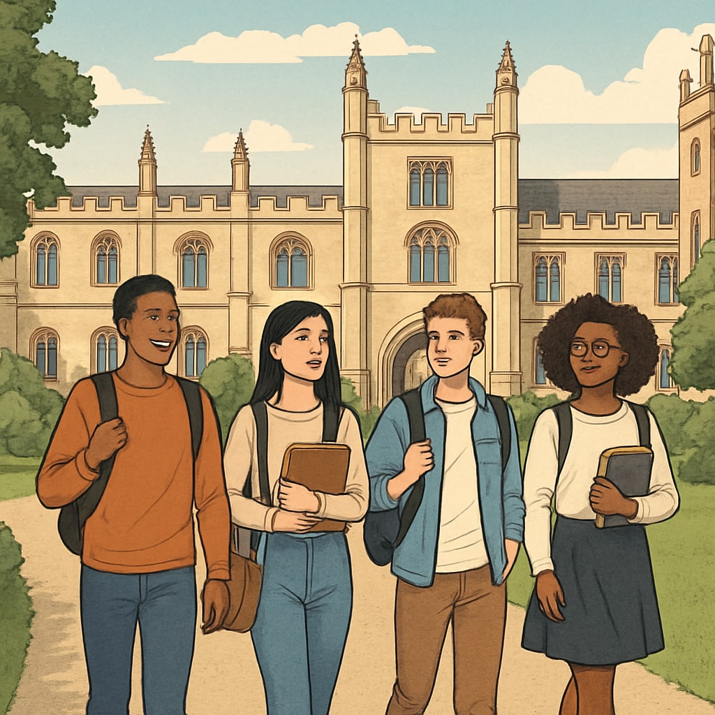 A diverse group of students walking through a historic university campus in the UK, symbolizing inclusivity and education access. Immigrant students at a UK university campus facing fee discrimination.