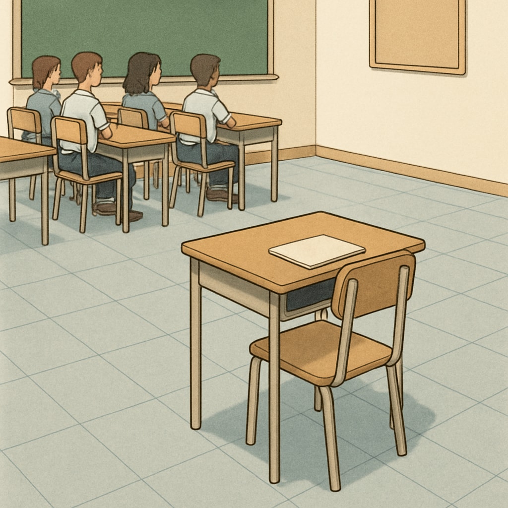 A classroom with a desk placed far away from others, representing isolation punishment in schools. Isolation punishment in schools shown through a desk placed apart in a classroom.