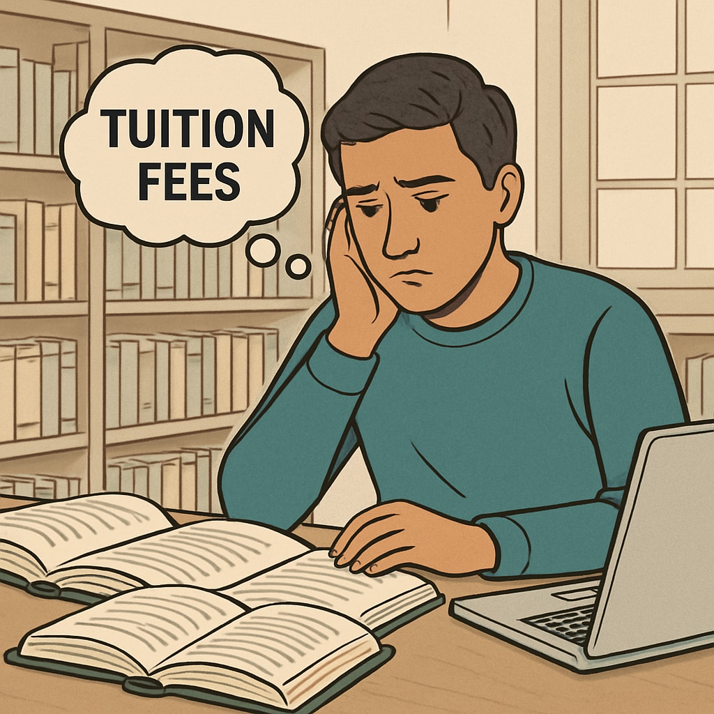 An immigrant student studying at a library with books and a laptop, looking concerned about tuition fees. Immigrant student in the UK reflecting on international tuition costs.