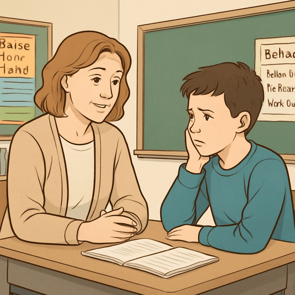 A teacher discussing behavioral issues with a student in a supportive manner. Teacher addressing disciplinary challenges with a primary school student constructively.