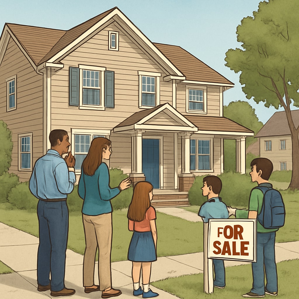A family inspecting a house with a “For Sale” sign, located within a well-ranked school district. Family evaluating a home near a desirable school district, emphasizing the link between education quality and housing choices.