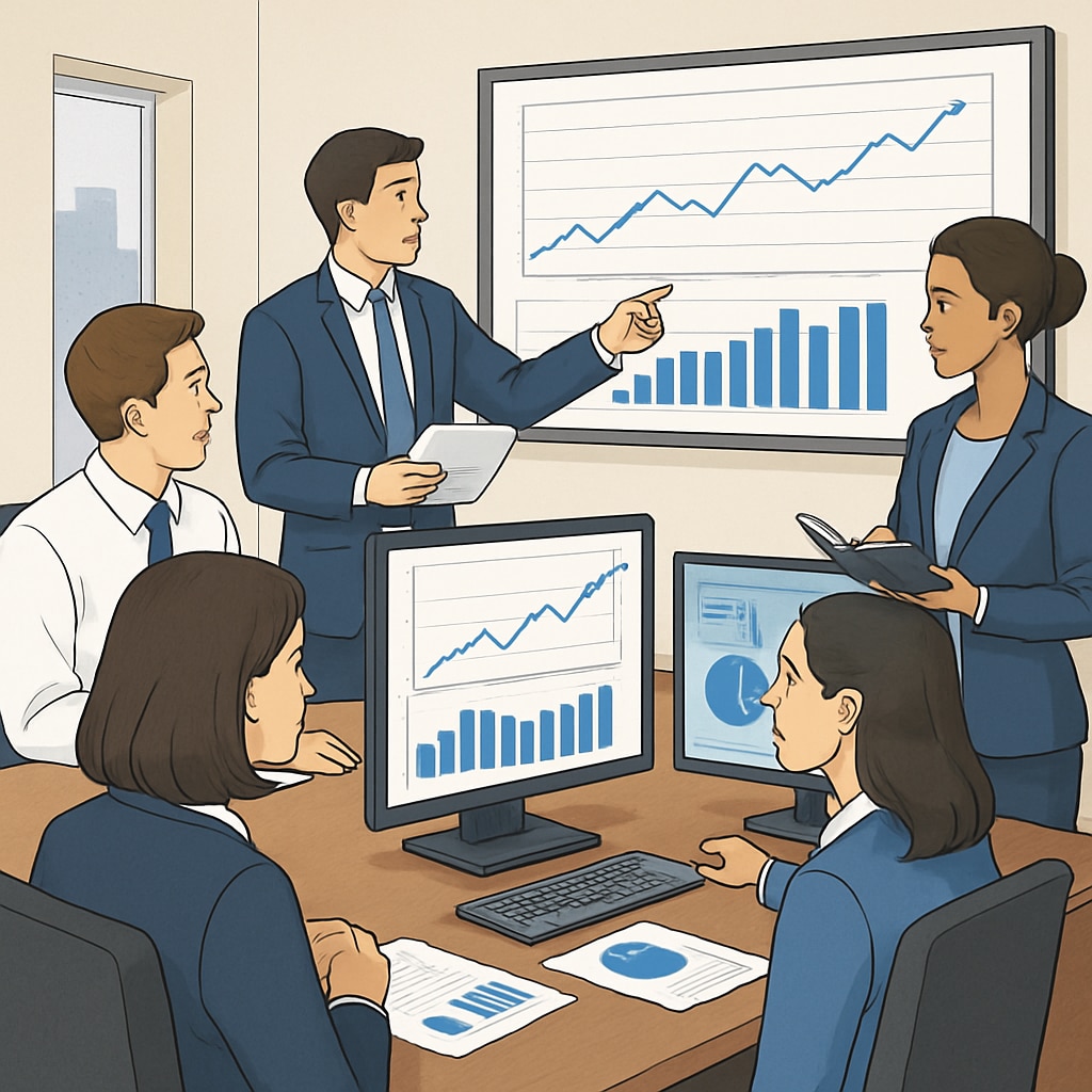 A group of professionals analyzing financial data on multiple screens in a corporate setting. Professionals working on business analytics and financial data for career growth and high salaries.