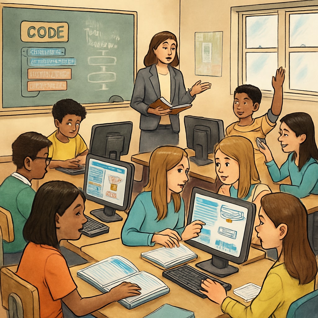 A classroom of diverse students learning coding and problem-solving, symbolizing the integration of technology and critical thinking in K12 education. Students learning coding and critical thinking in a K12 classroom.