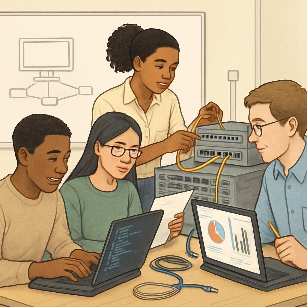 A diverse group of college students working on IT projects, representing various technology fields. College students collaborating on IT and technology-related projects.