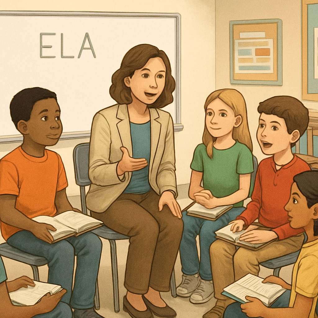 A teacher leading a discussion with 5th-grade students in a circle during an ELA lesson. Teacher leading a collaborative ELA discussion with 5th-grade students.