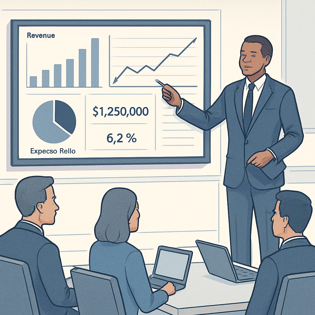 A financial analyst presenting data-driven insights on a digital dashboard in a boardroom. Financial analyst showcasing analytics-driven insights for salary growth and career development.