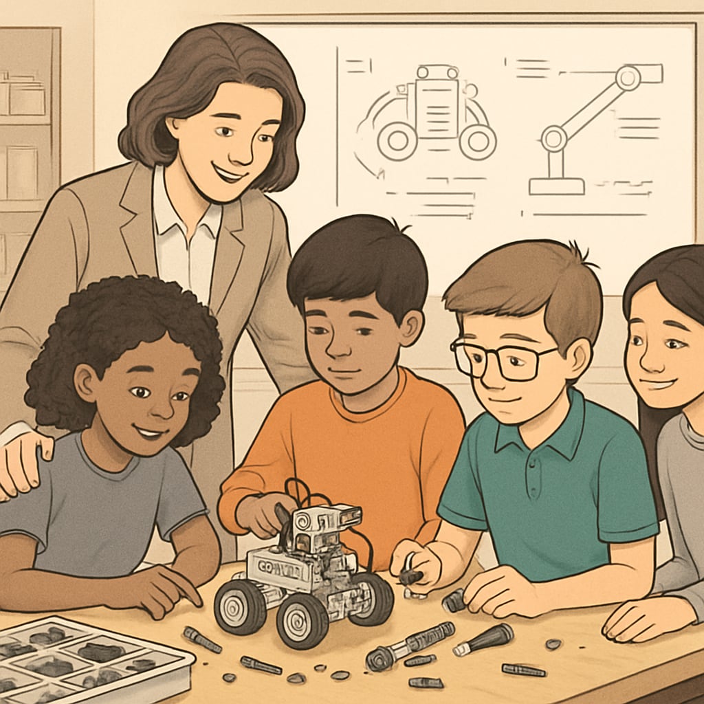 A teacher guiding students through a hands-on robotics project, emphasizing creativity and adaptability in K12 education. Teacher and students working on a robotics project to develop creativity and adaptability.