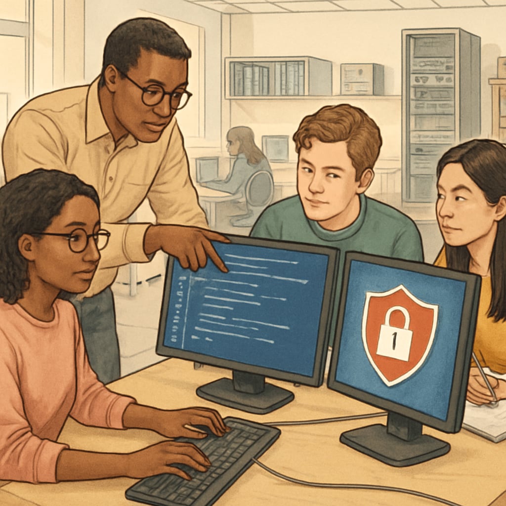 Students collaborating on a cybersecurity simulation project in a university lab setting. University students working on a cybersecurity project in a lab environment.