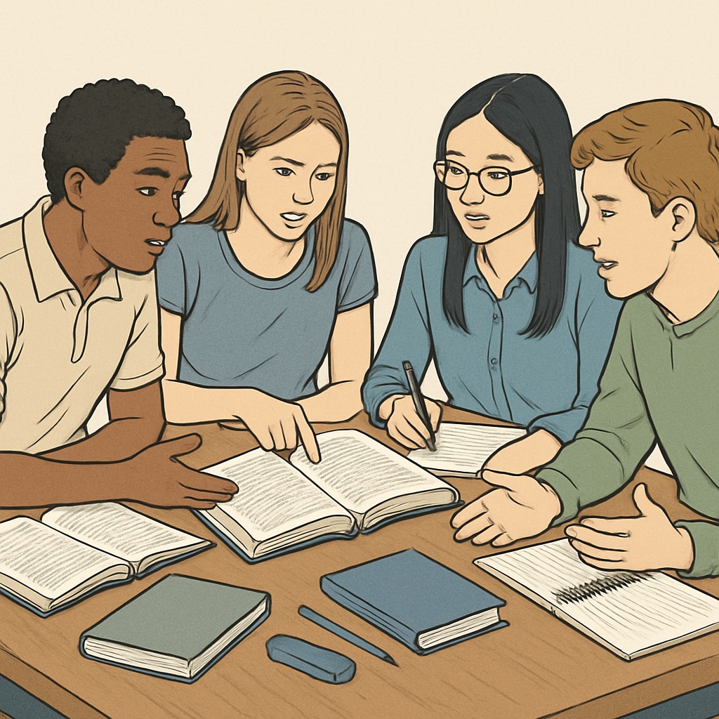 Students working together in a small group, discussing a text with open books and notes on the table. 5th-grade students engaged in a group activity analyzing a text.