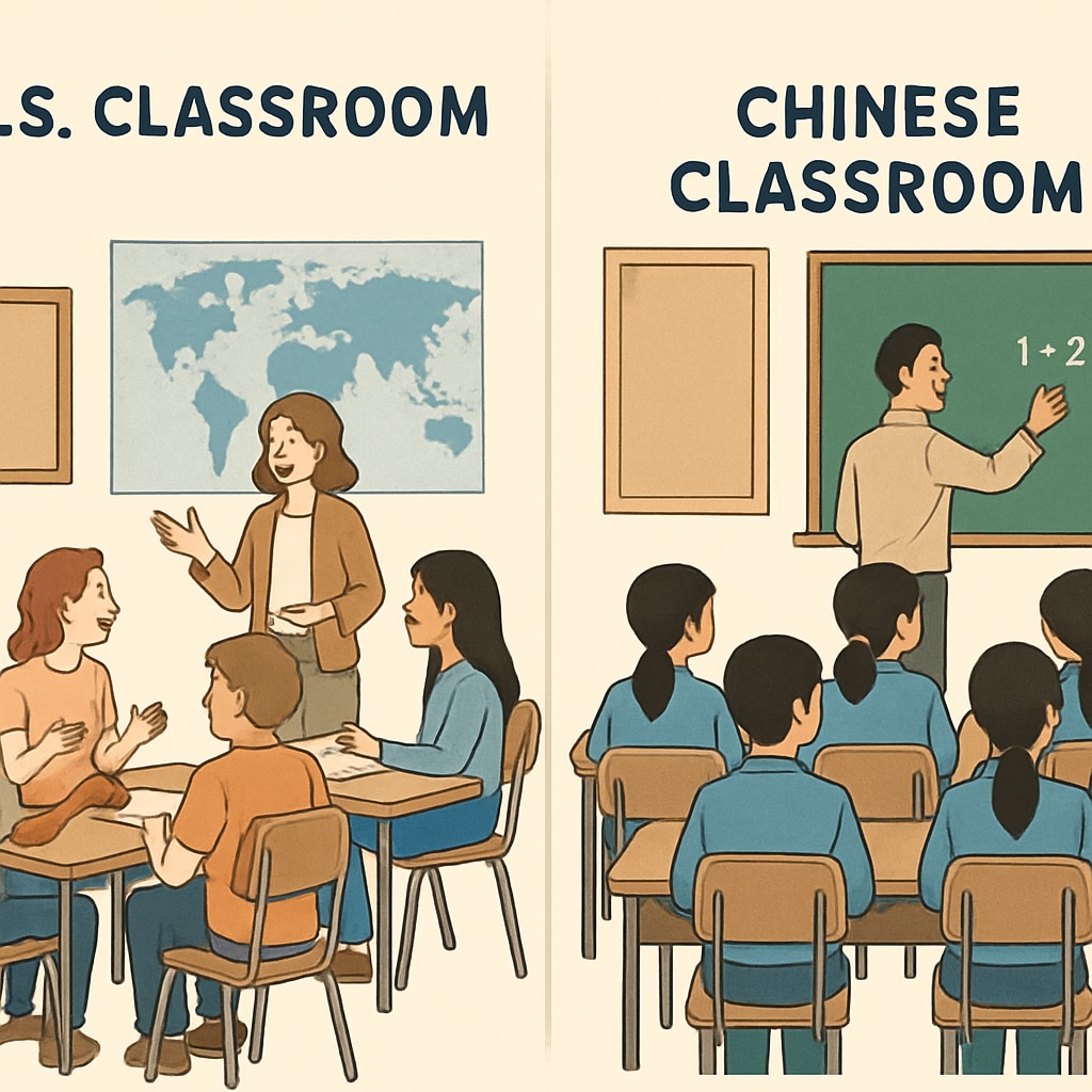 A comparative image of a U.S. classroom and a Chinese classroom, highlighting differences in teaching styles and student interactions. Comparison of U.S. and Chinese classrooms, focusing on teaching styles and student engagement.
