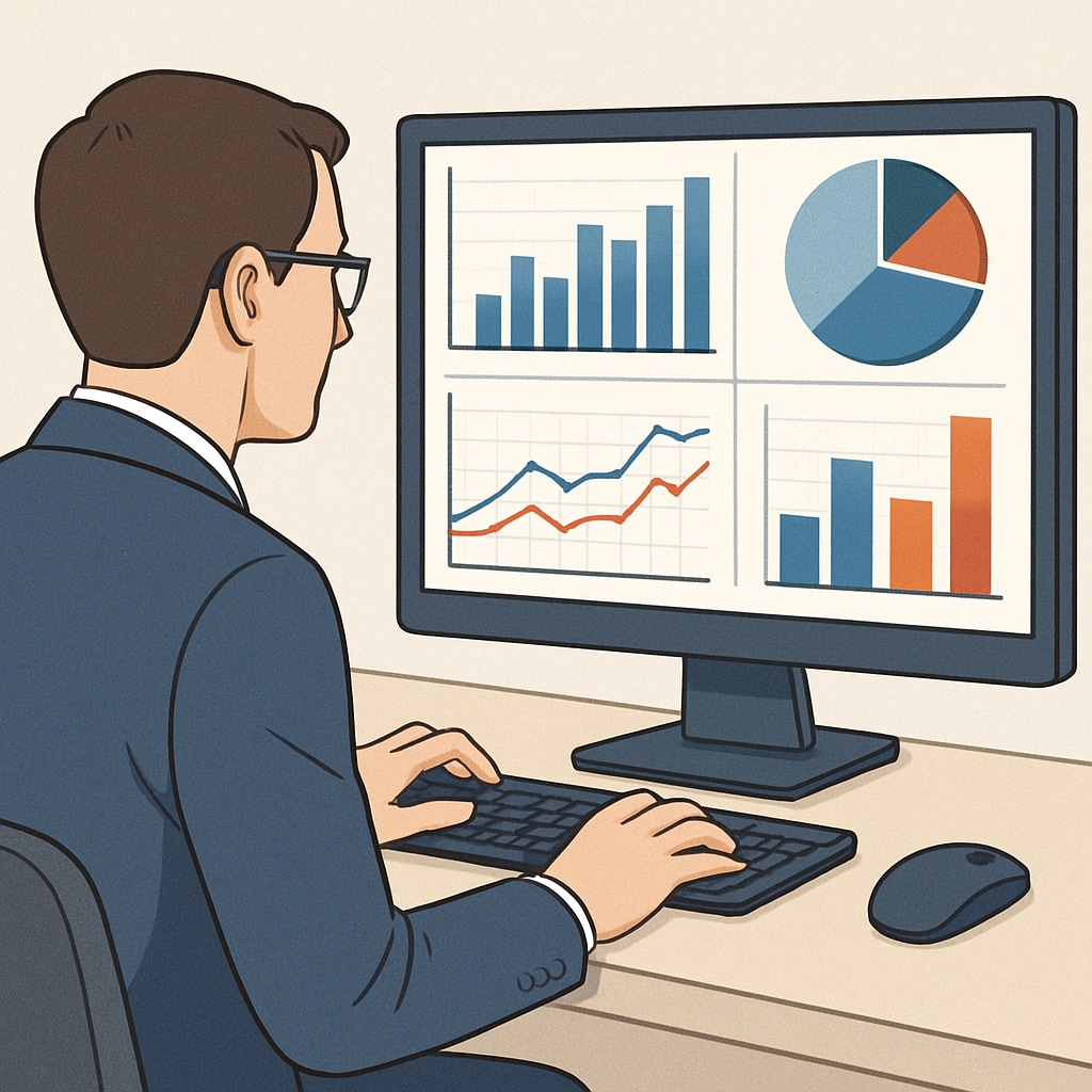 A professional analyzing data on a computer screen with charts and graphs, representing business analytics in action. A professional using data analytics tools, demonstrating the integration of business analytics and finance.