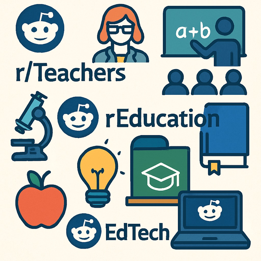Collage showing icons of popular education-related subreddits for K12 educators.