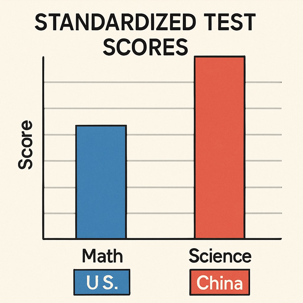 A chart comparing standardized test scores in math and science between the U.S. and China, illustrating China's higher average performance. Chart showing math and science test score comparisons between the U.S. and China.