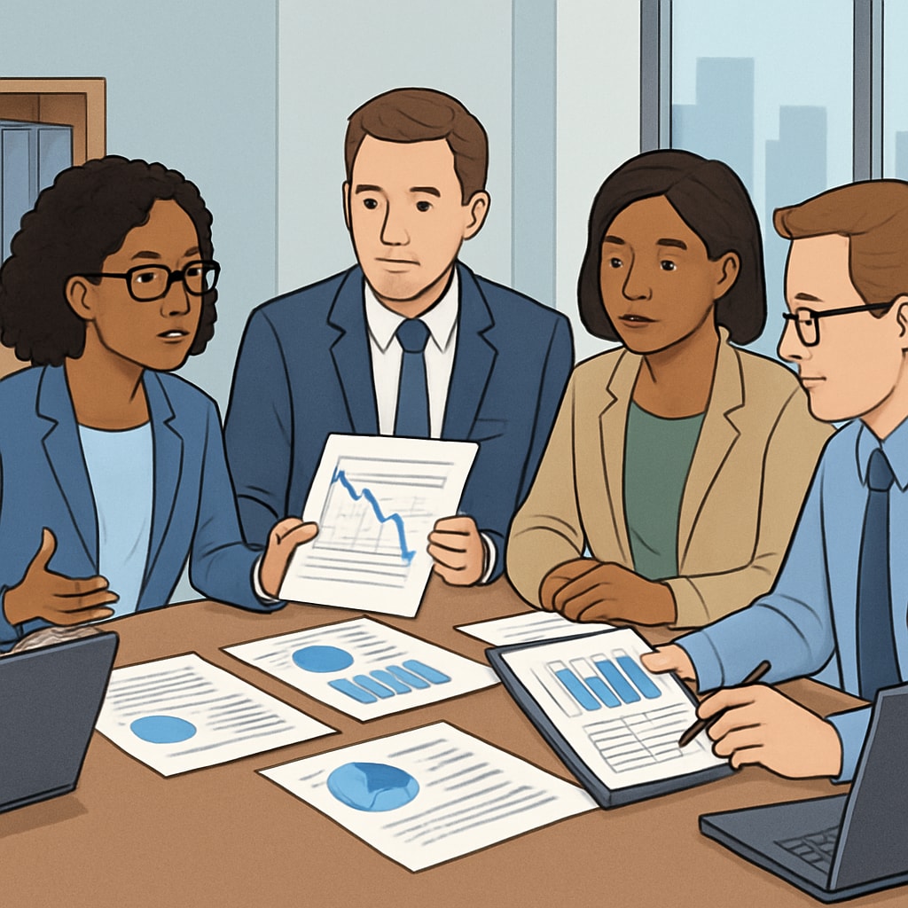A school administrator reviewing financial and performance reports with colleagues in a modern office setting. Education leaders discussing financial and performance data, showcasing the application of business analytics and finance in K12 management.