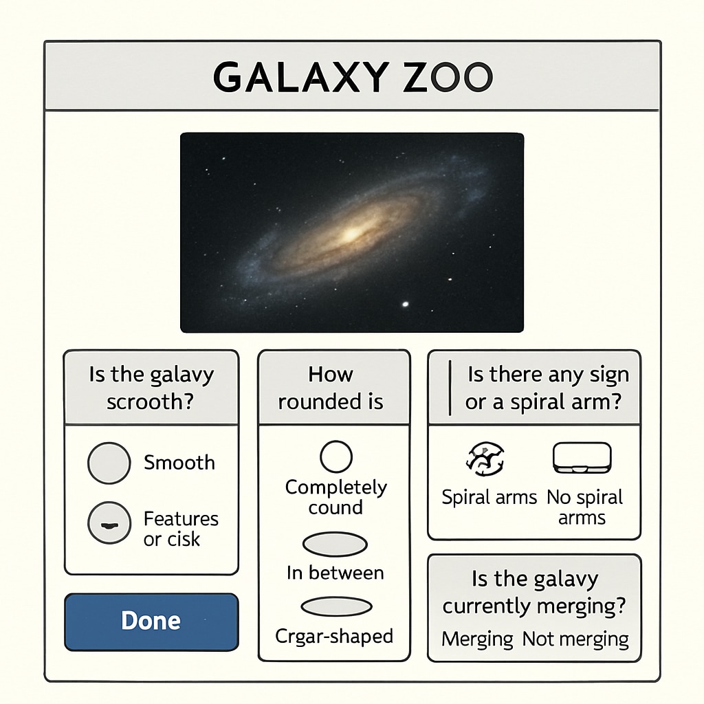 A screenshot of the Zooniverse Galaxy Zoo project interface, showcasing galaxy classification tools. Screenshot of Zooniverse Galaxy Zoo project interface for galaxy classification.