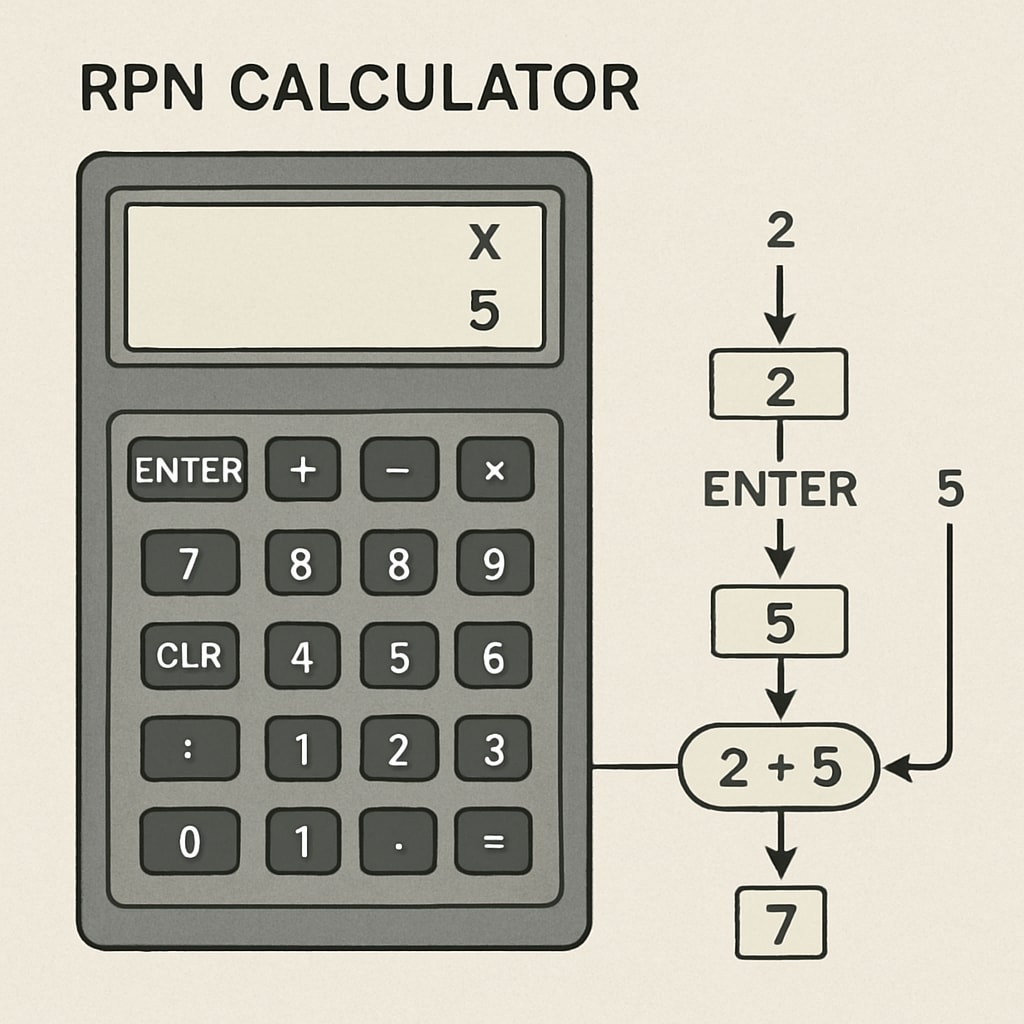 A technical depiction of an RPN calculator showing its interface and operation steps. RPN calculator interface demonstrating Reverse Polish Notation equations.