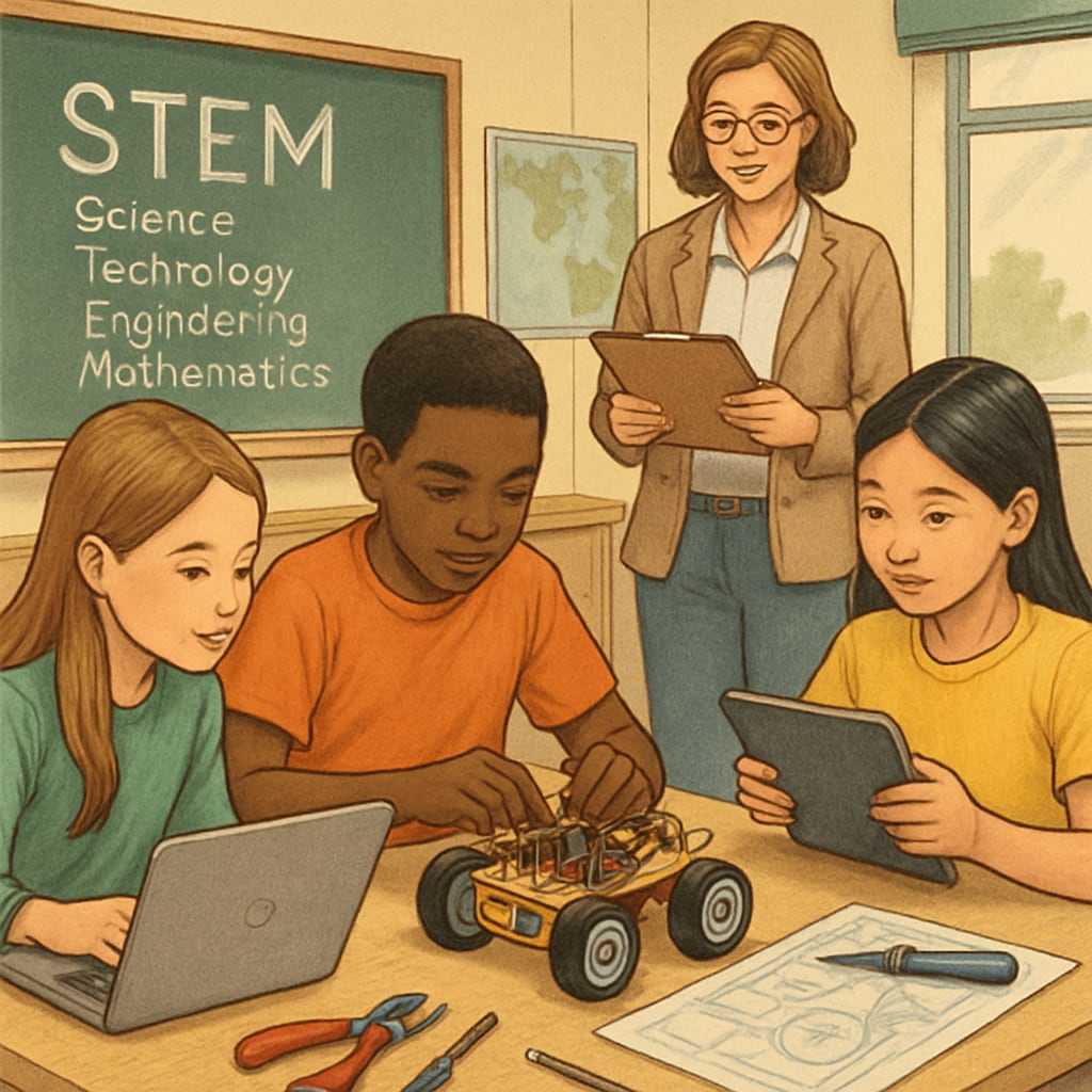 A classroom scene with students working on a STEM project, symbolizing the integration of technology and traditional education. High school students collaborating on a STEM project, integrating technology and education.