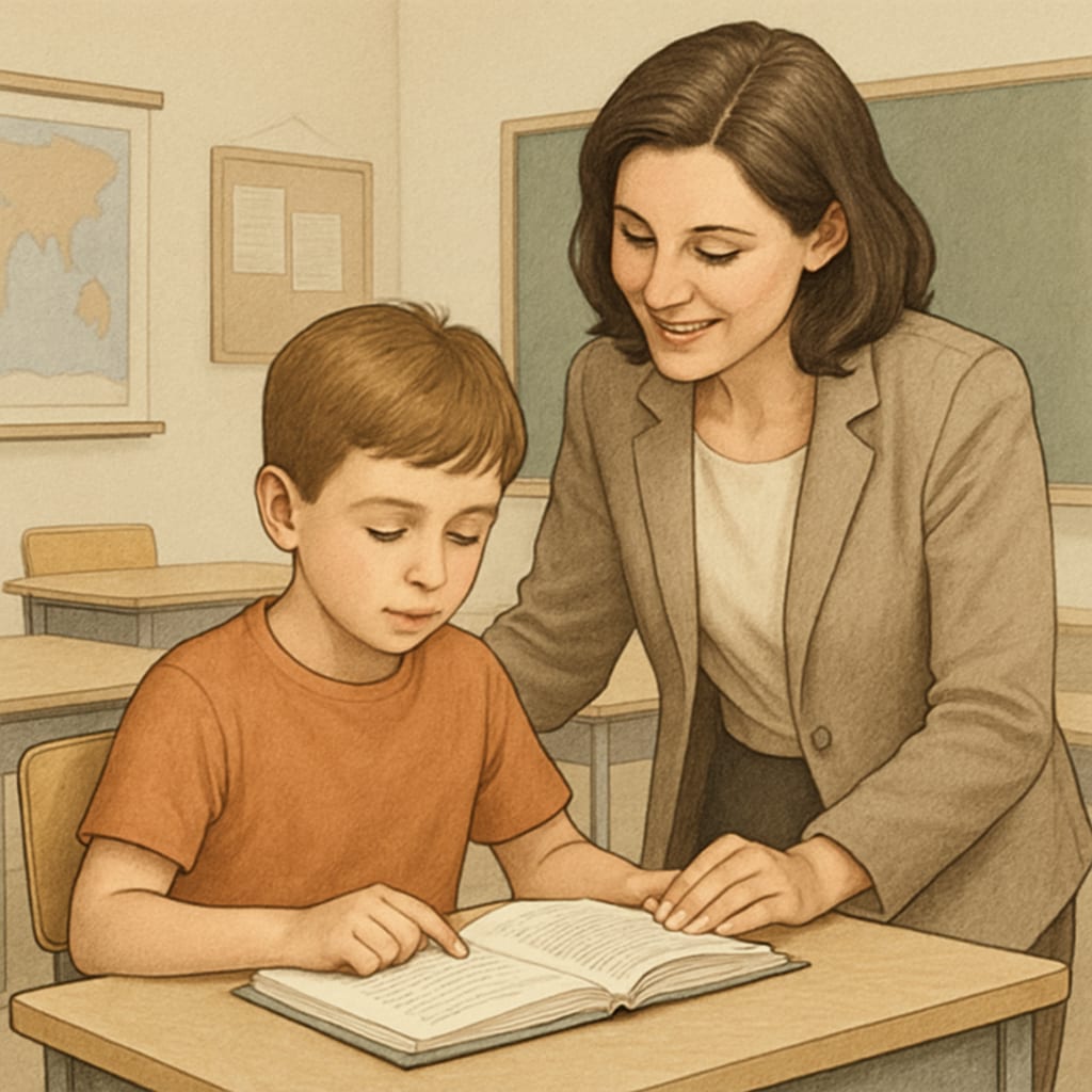 A child reading a book in a classroom setting, with a teacher assisting in the background to encourage engagement. Reading comprehension activity in a classroom, fostering reading interest.