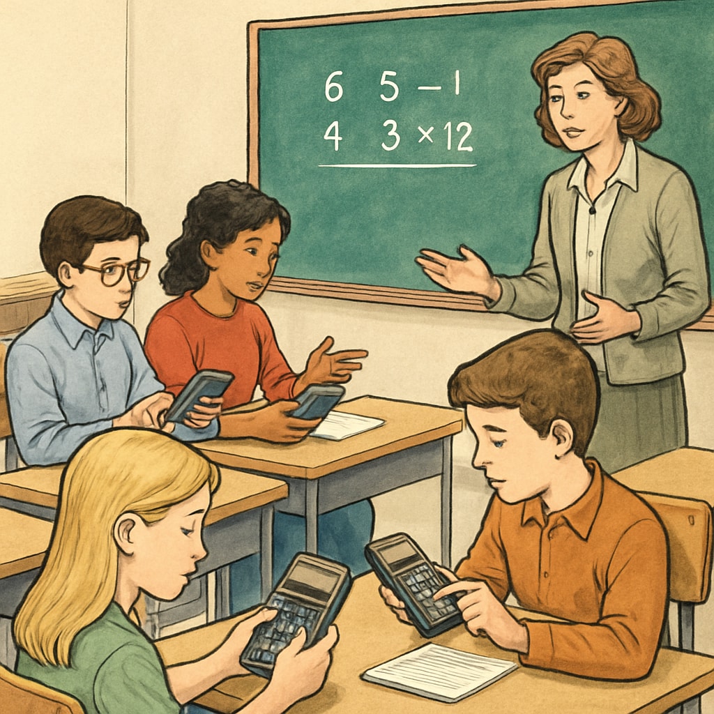 A classroom setting with students using RPN calculators during a math exercise. Students in a classroom using RPN calculators for math problem-solving.