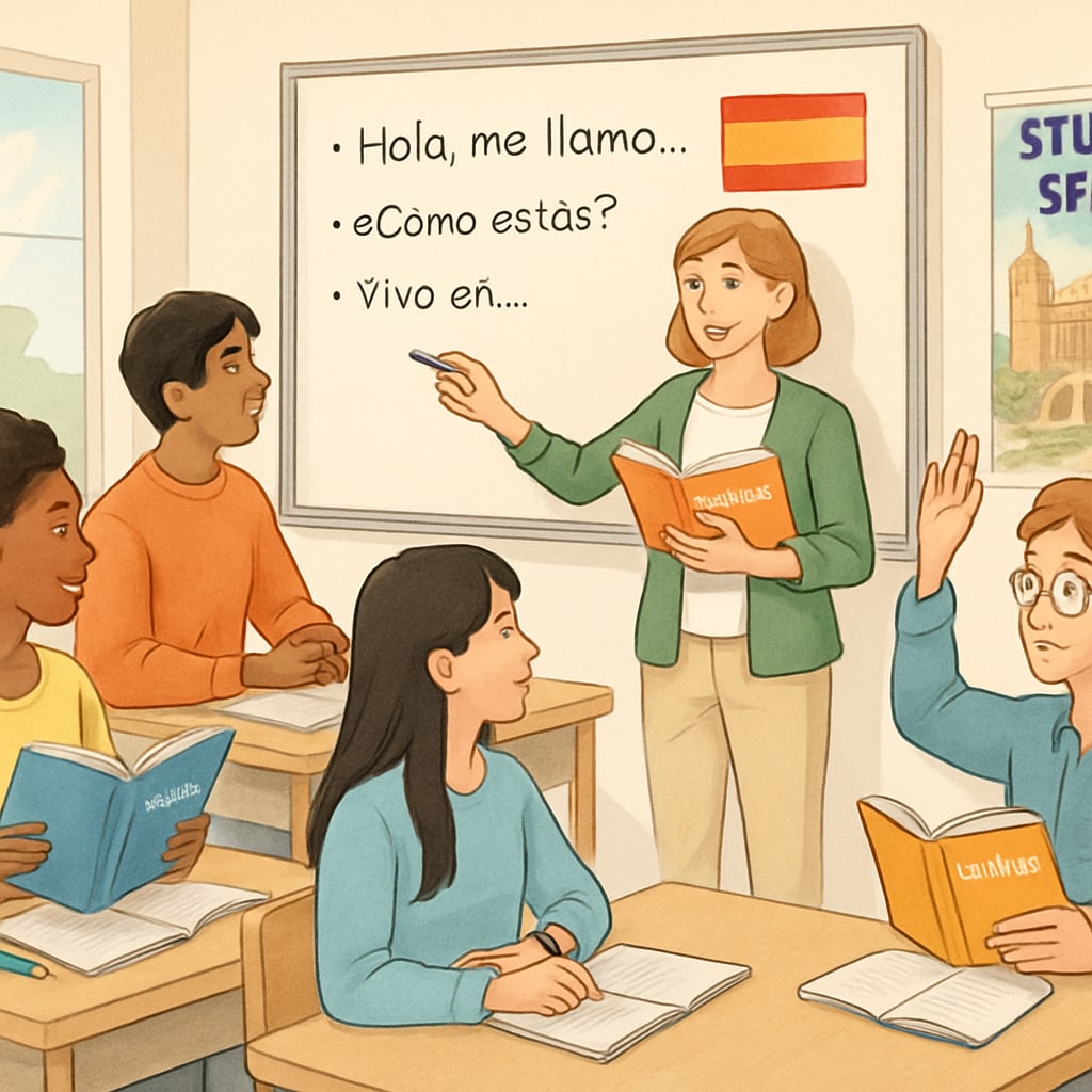 A classroom with international students learning Spanish, symbolizing language preparation for studying in Spain. International students attending a Spanish language class in preparation for studying in Spain.