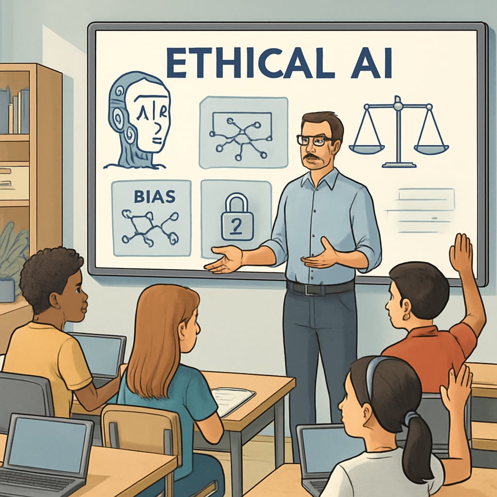 A STEM-focused classroom with a teacher explaining concepts of ethical AI to students, blending technology with philosophy. STEM classroom with a teacher discussing ethical AI, merging technology and humanities.