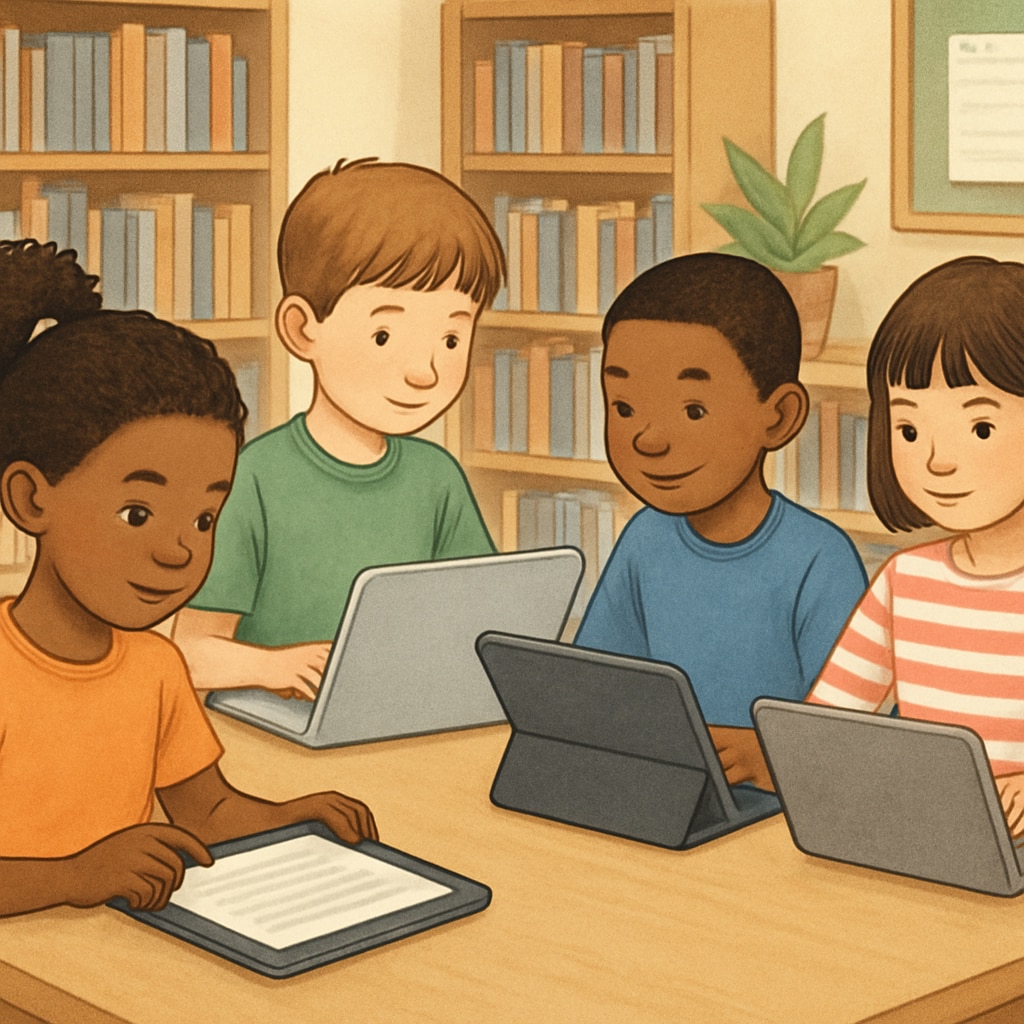 A diverse group of children using tablets and laptops for reading comprehension activities in a library. Children engaging with free online reading comprehension tools.
