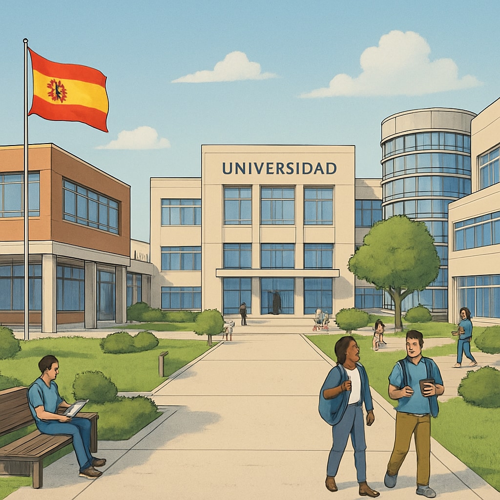A modern university campus in Spain, showcasing the academic environment international students can expect. A Spanish university campus highlighting the learning environment for master’s degree students.