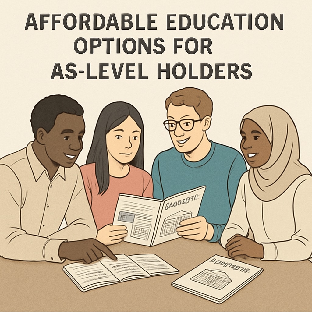 A group of diverse international students reviewing university brochures, symbolizing affordable education options for AS-level holders. Diverse international students discussing affordable AS-level university applications.