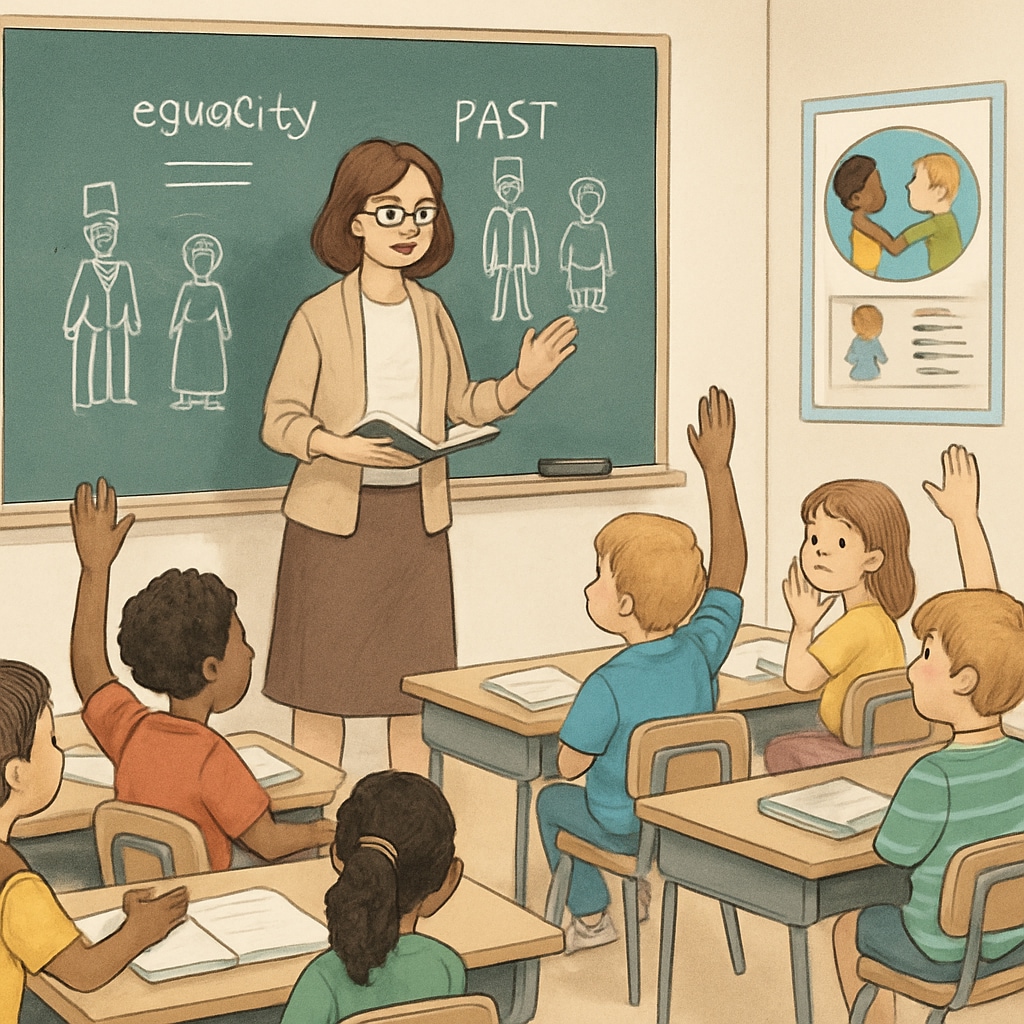 A classroom of first-grade students engaging in a discussion about social topics, with a teacher explaining a historical concept in simple terms. First-grade students discussing age-appropriate social topics with teacher
