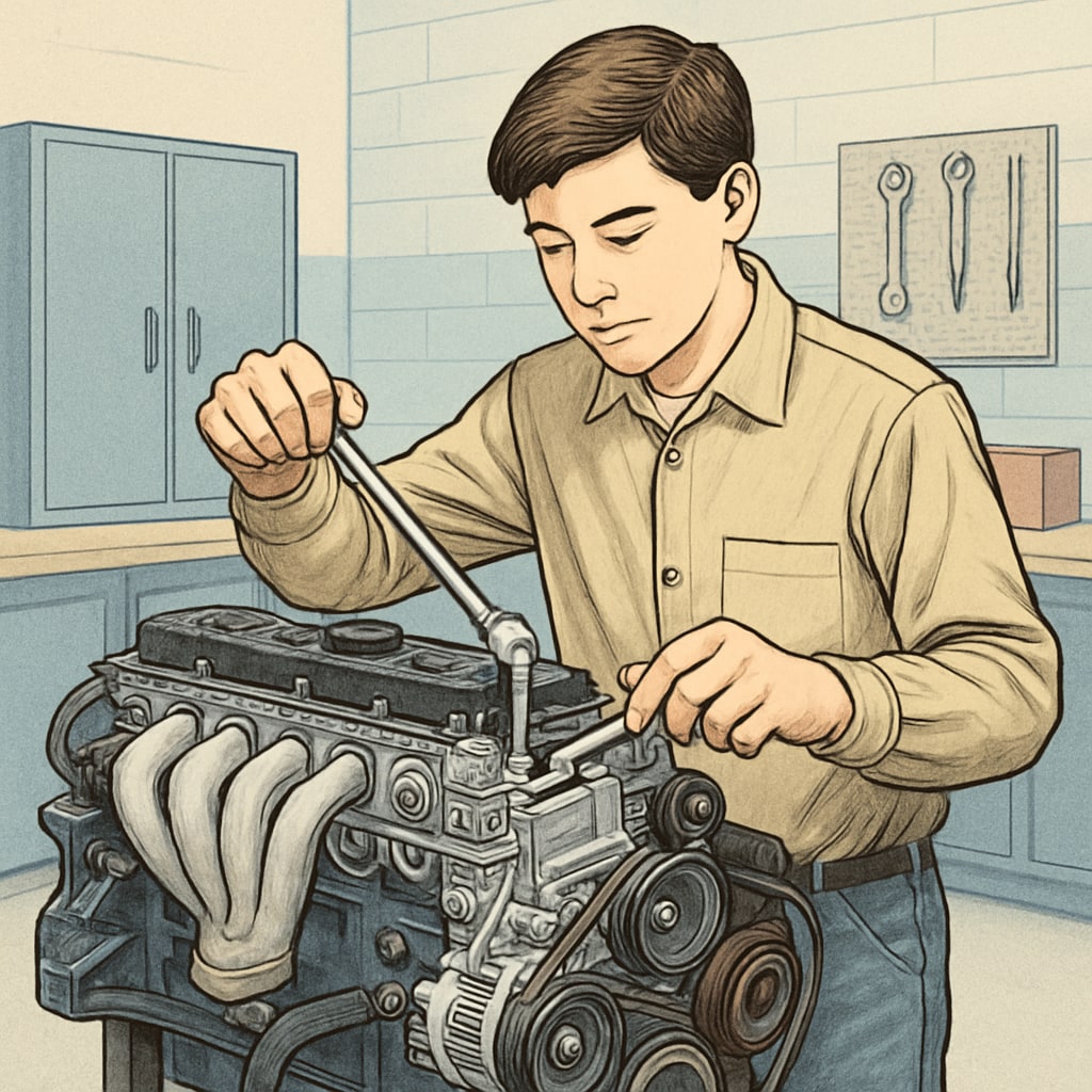 A high school student working on an automotive engine as part of a vocational training program. High school student engaged in K12 automotive technology training.