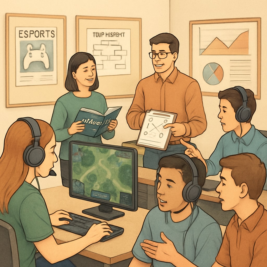 A group of students in a classroom setting, actively engaged with esports-related learning modules. Students engaged in gamified education using esports in a classroom.