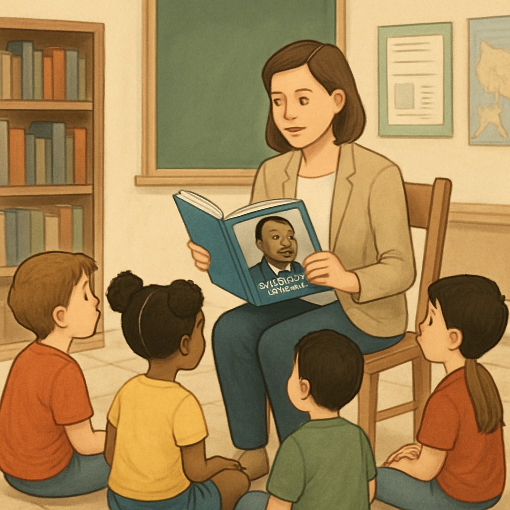 A teacher reading a book about Martin Luther King Jr. to young students, illustrating how storytelling can simplify complex social issues. Teacher reading Martin Luther King Jr. book to first-grade students
