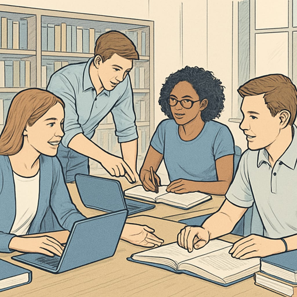 A university setting with students engaging in collaborative learning, representing academic success traits. University success traits reflected in collaborative student learning.
