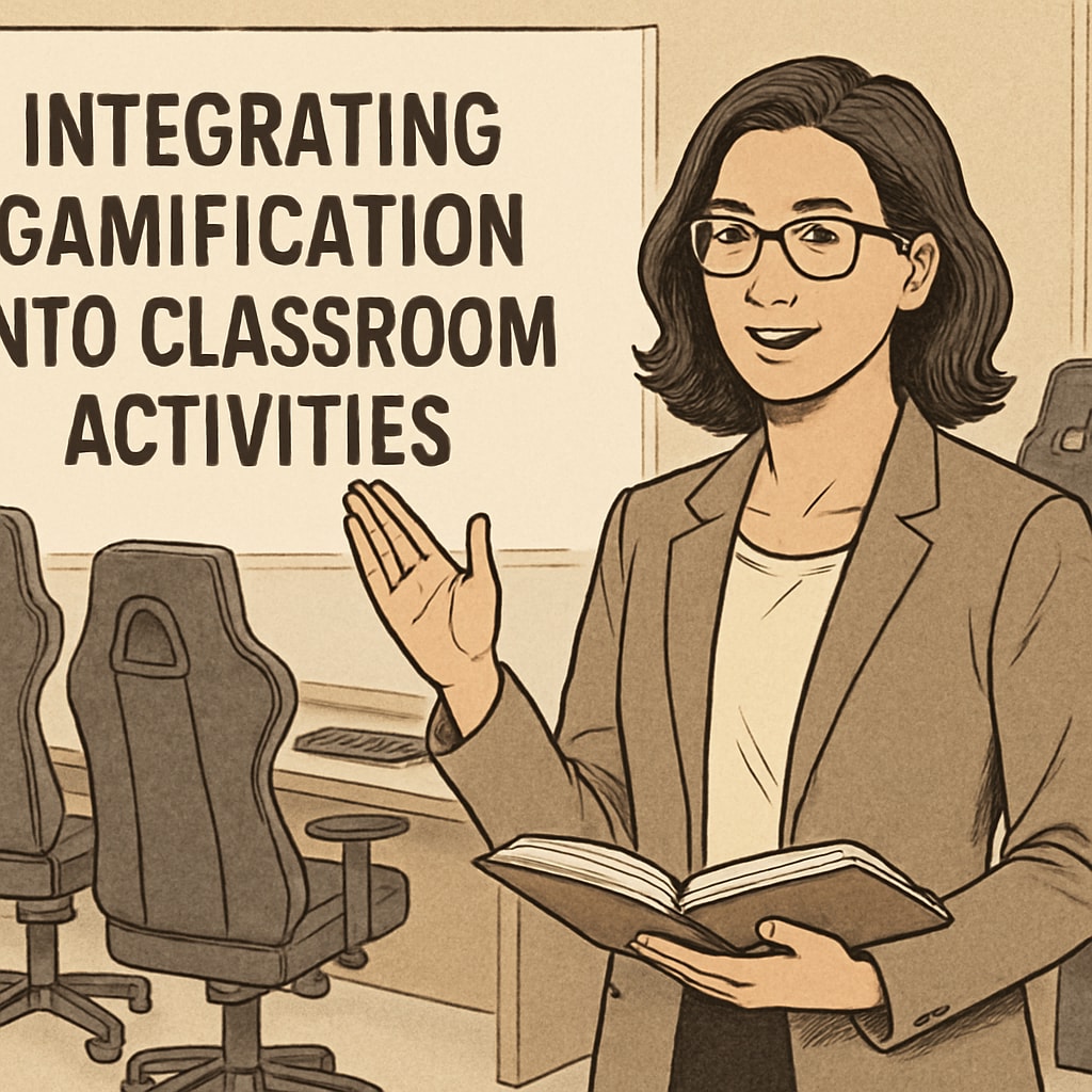 A teacher conducting a workshop on integrating gamification into classroom activities, with esports equipment in the background. Teacher demonstrating gamification techniques in an esports-focused workshop.