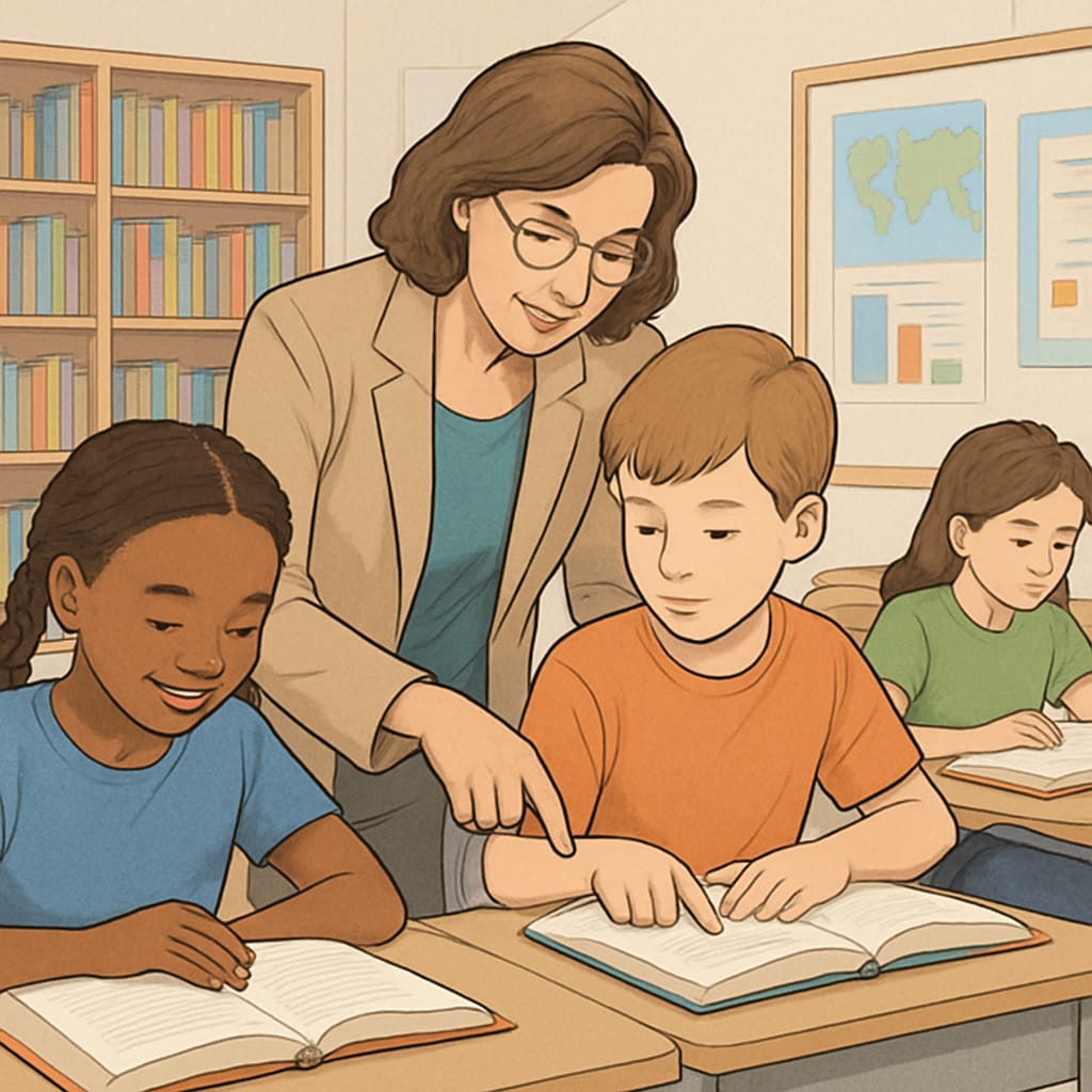 A classroom of K-12 students actively engaged in reading, with a teacher providing guidance and support. K-12 students reading with their teacher, illustrating text complexity in education.