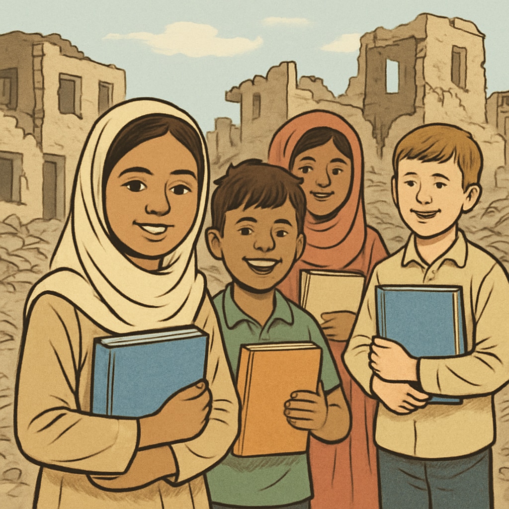 A group of children in a war-affected region, holding books and smiling, representing global education efforts. Ms. Rachel humanitarian education efforts in a war-affected region.