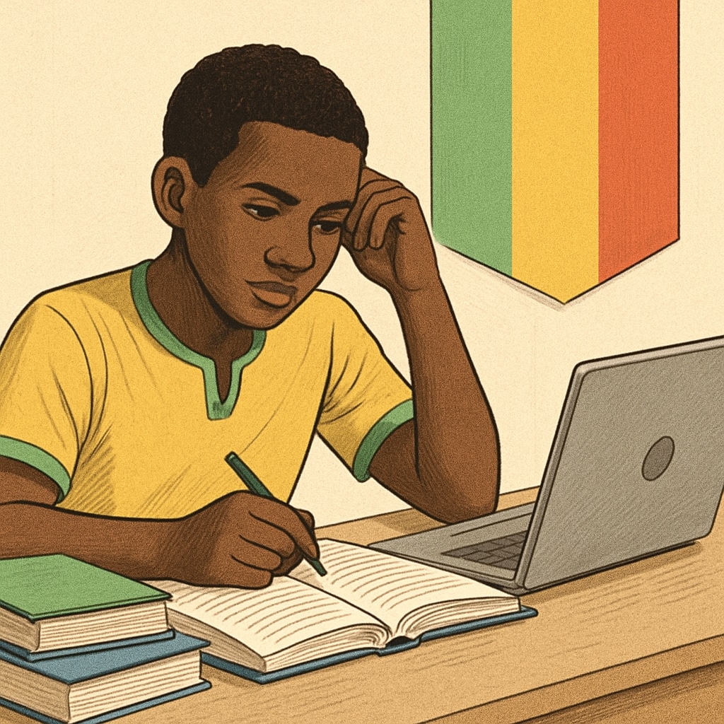 A young financial student studying with books and a laptop, symbolizing self-learning in Mali. Mali financial student self-learning with books and laptop