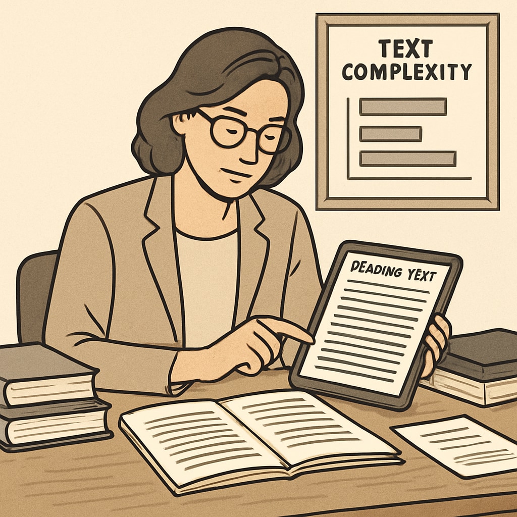 A teacher reviewing a reading text on a tablet, depicting their contribution to text complexity research. Teacher analyzing text complexity for K-12 reading research.