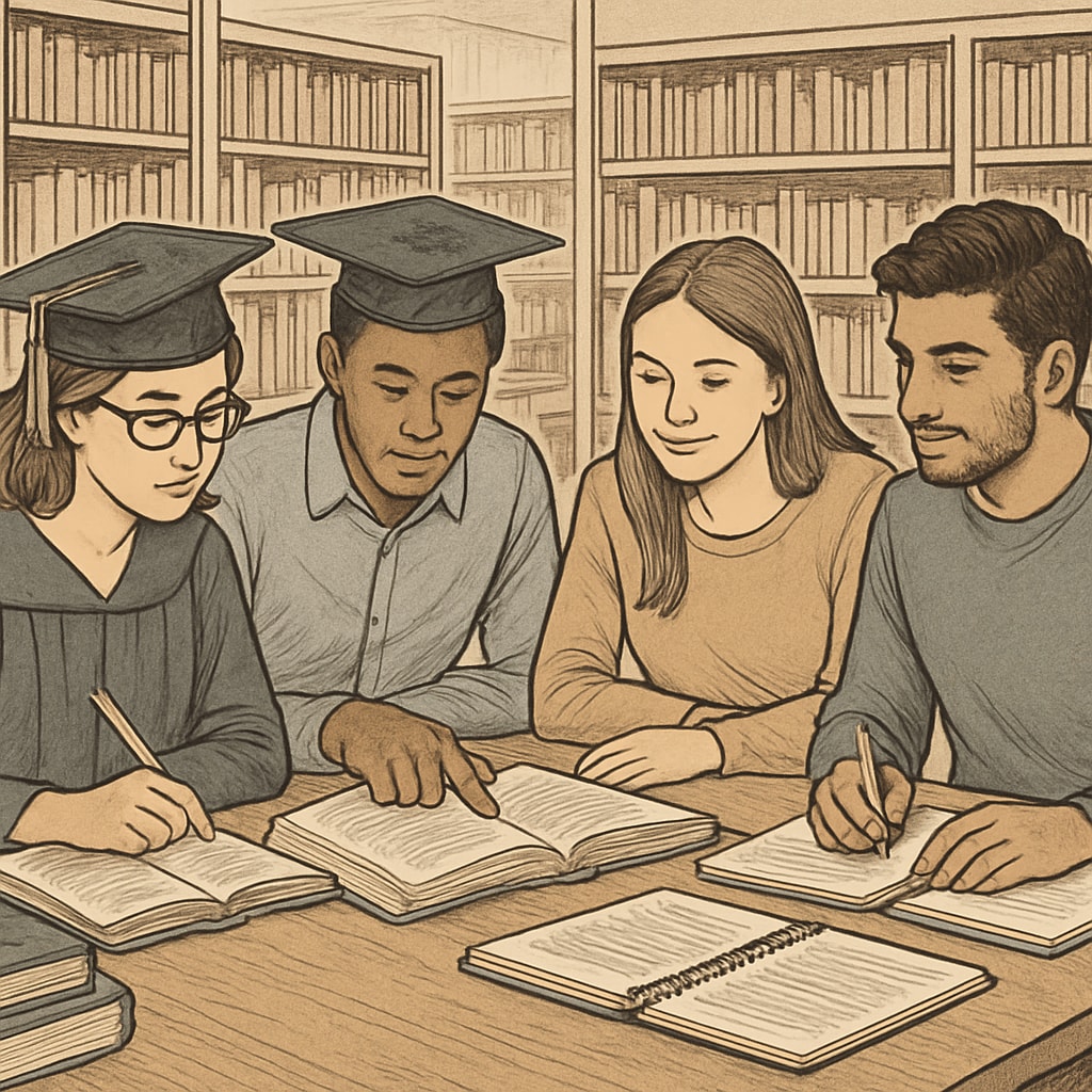 A group of master’s students discussing coursework in a university library, symbolizing collaboration and academic effort. Master's students discussing coursework, representing credit requirements in the UK education system.