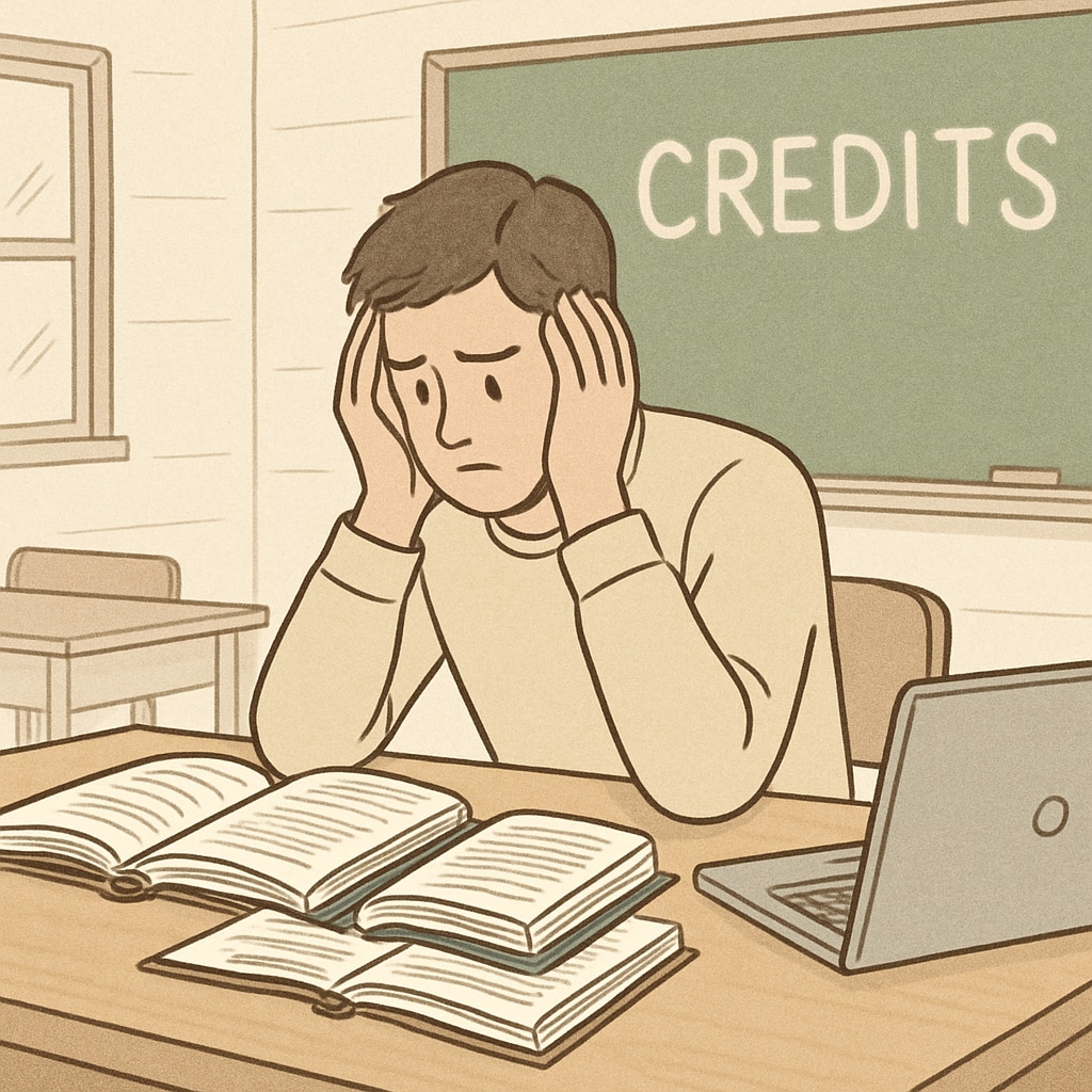 A student stressed over academic results, sitting at a desk with books and a laptop, representing the challenges of meeting credit requirements. A stressed student reviewing academic results, symbolizing the challenges of credit-based certification in UK master’s programs.