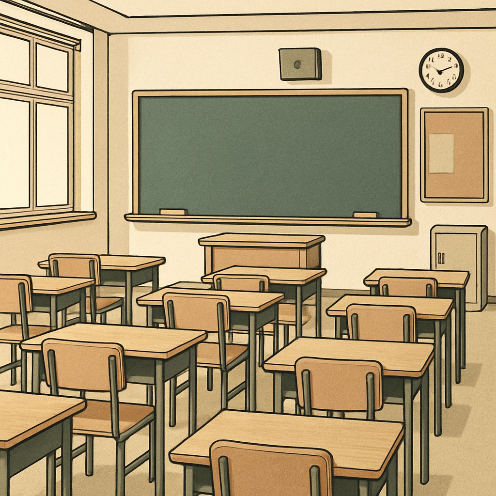 A classroom with empty desks and a chalkboard, symbolizing the absence of teachers on Teacherless Tuesday. Empty classroom with desks and chalkboard, representing Teacherless Tuesday.