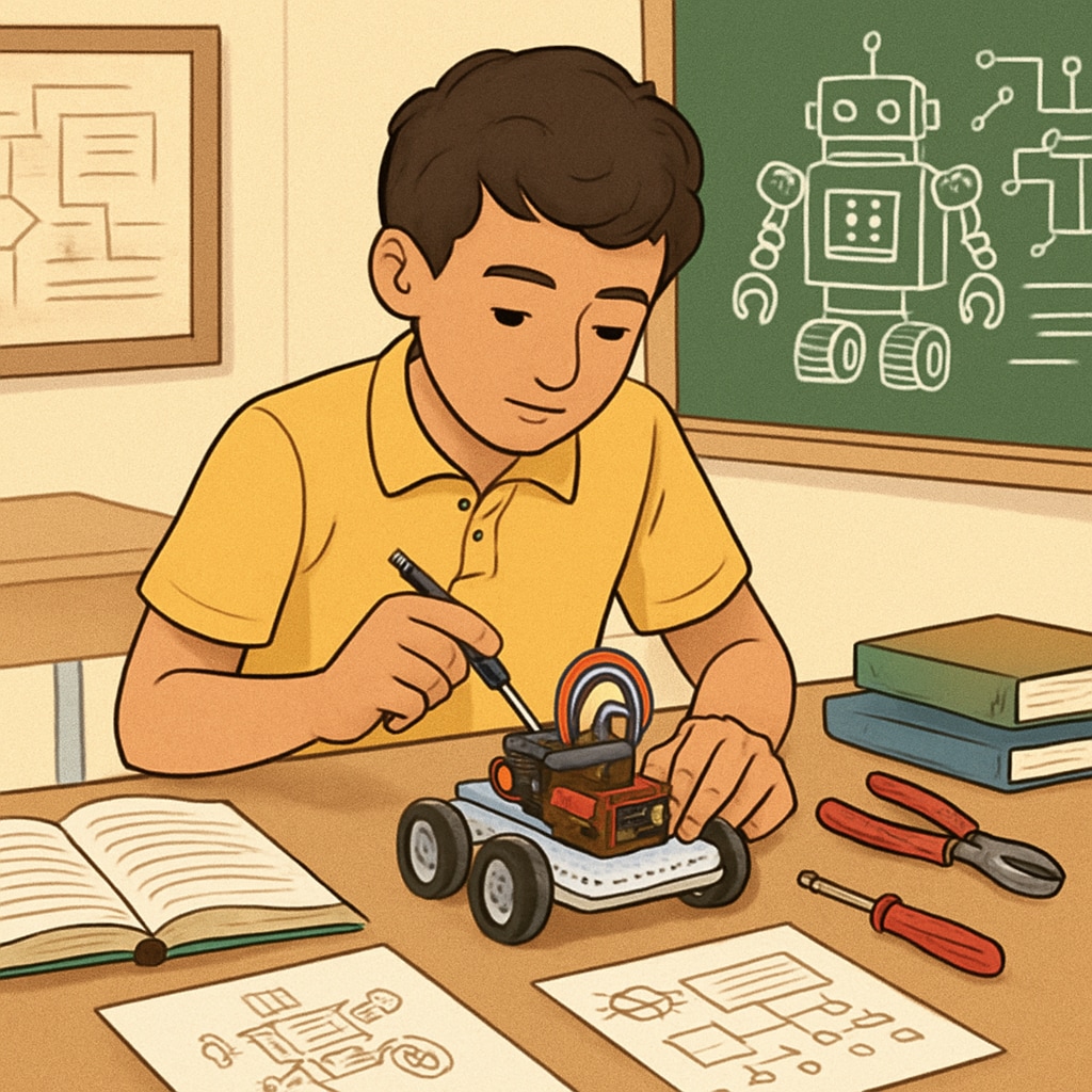 A student working on a robotics project in a classroom, showcasing the integration of education and engineering. A student working on a robotics project, highlighting education and engineering.