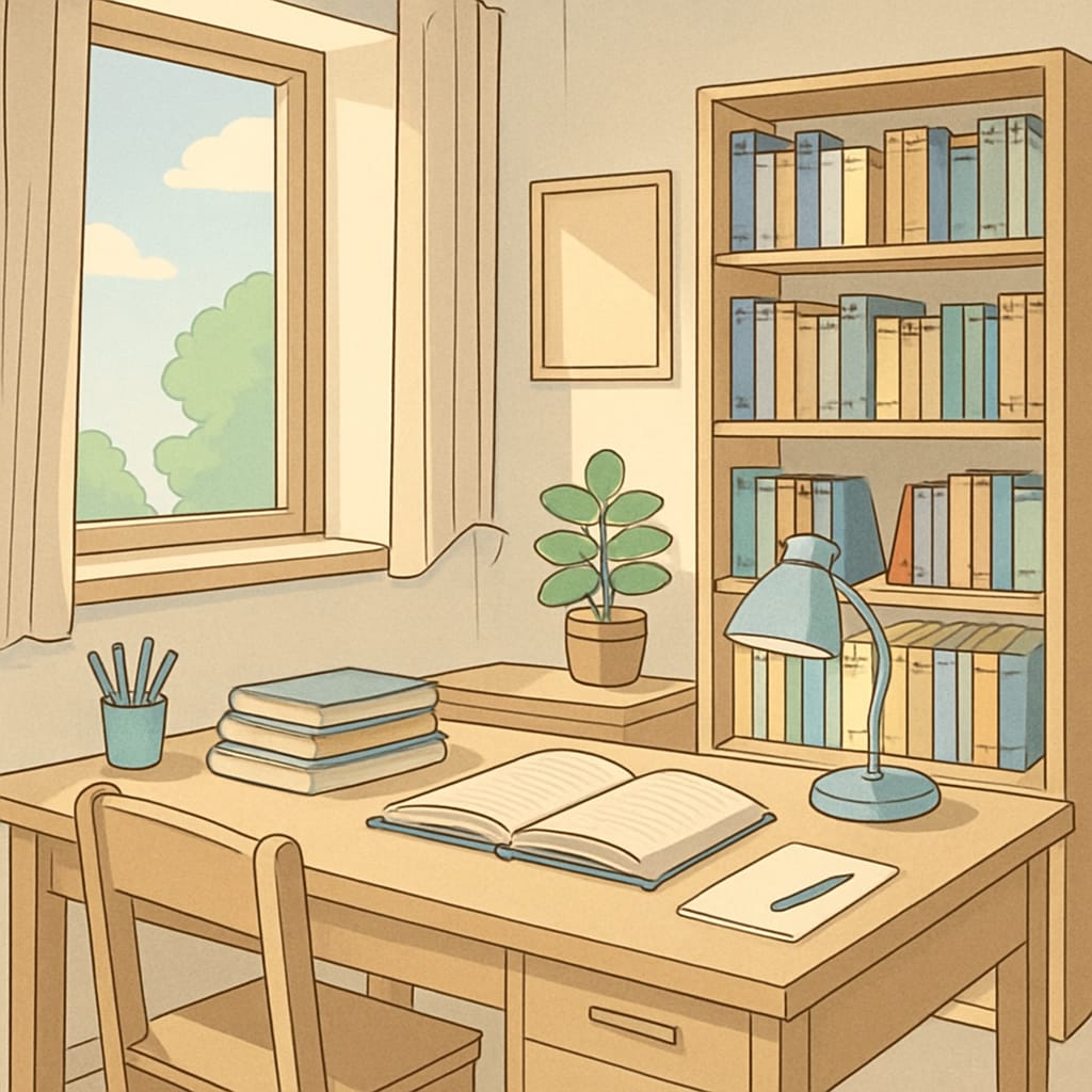 A serene study space with natural lighting, books, and a calming atmosphere, emphasizing the importance of a stress-free learning environment. A calming study area that promotes focus and reduces academic anxiety for GCSE students.