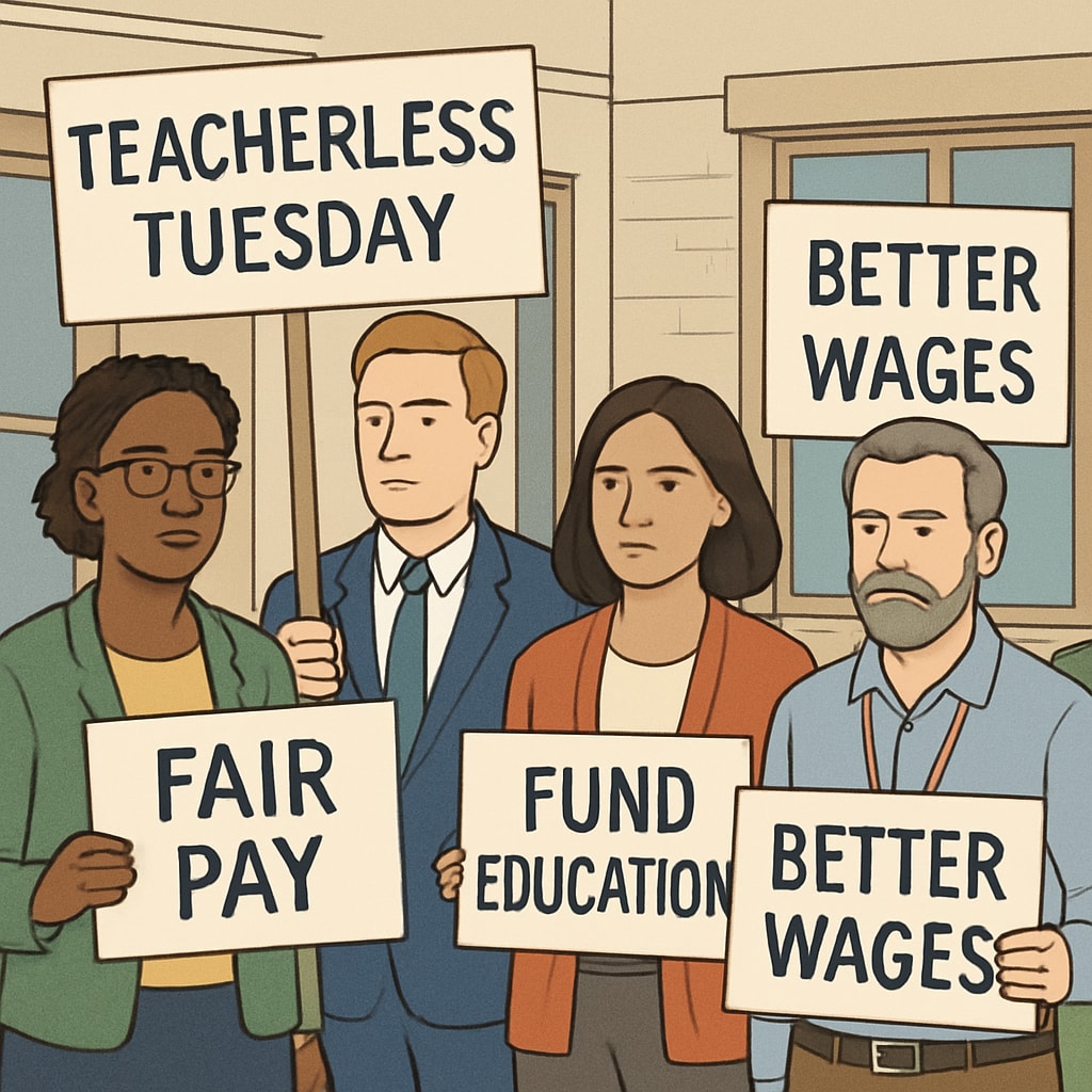 A group of teachers holding signs advocating for better wages and resources, emphasizing their silent resistance on Teacherless Tuesday. Teachers holding protest signs for better wages and resources on Teacherless Tuesday.