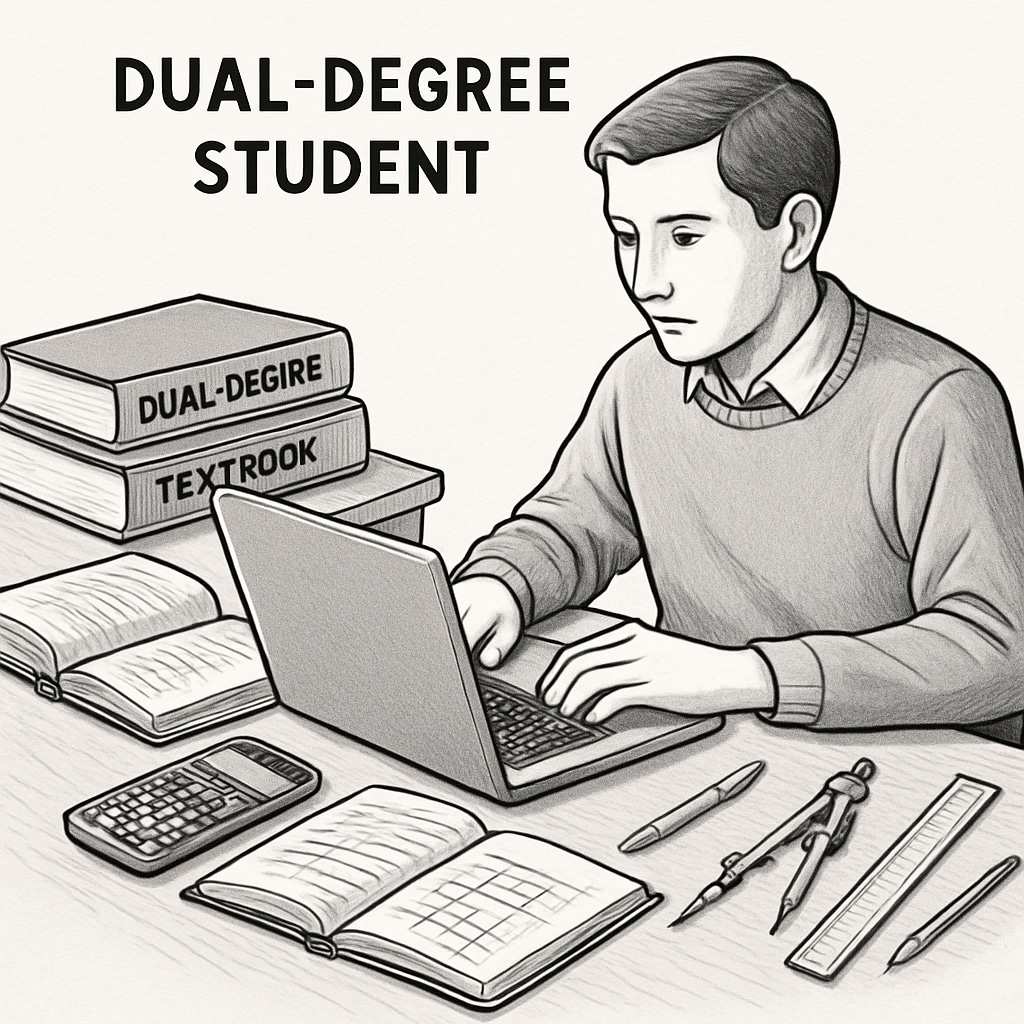 A dual-degree student studying with a laptop, surrounded by textbooks and engineering tools. Student balancing education and engineering studies with textbooks and tools.