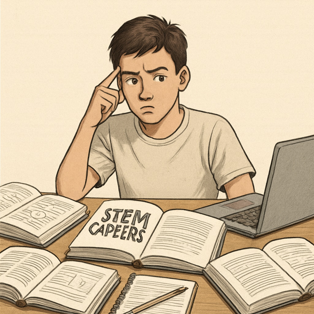 A high school student sitting at a desk, surrounded by books and a laptop, looking puzzled while researching STEM careers. A student researching STEM career options, appearing thoughtful and confused.